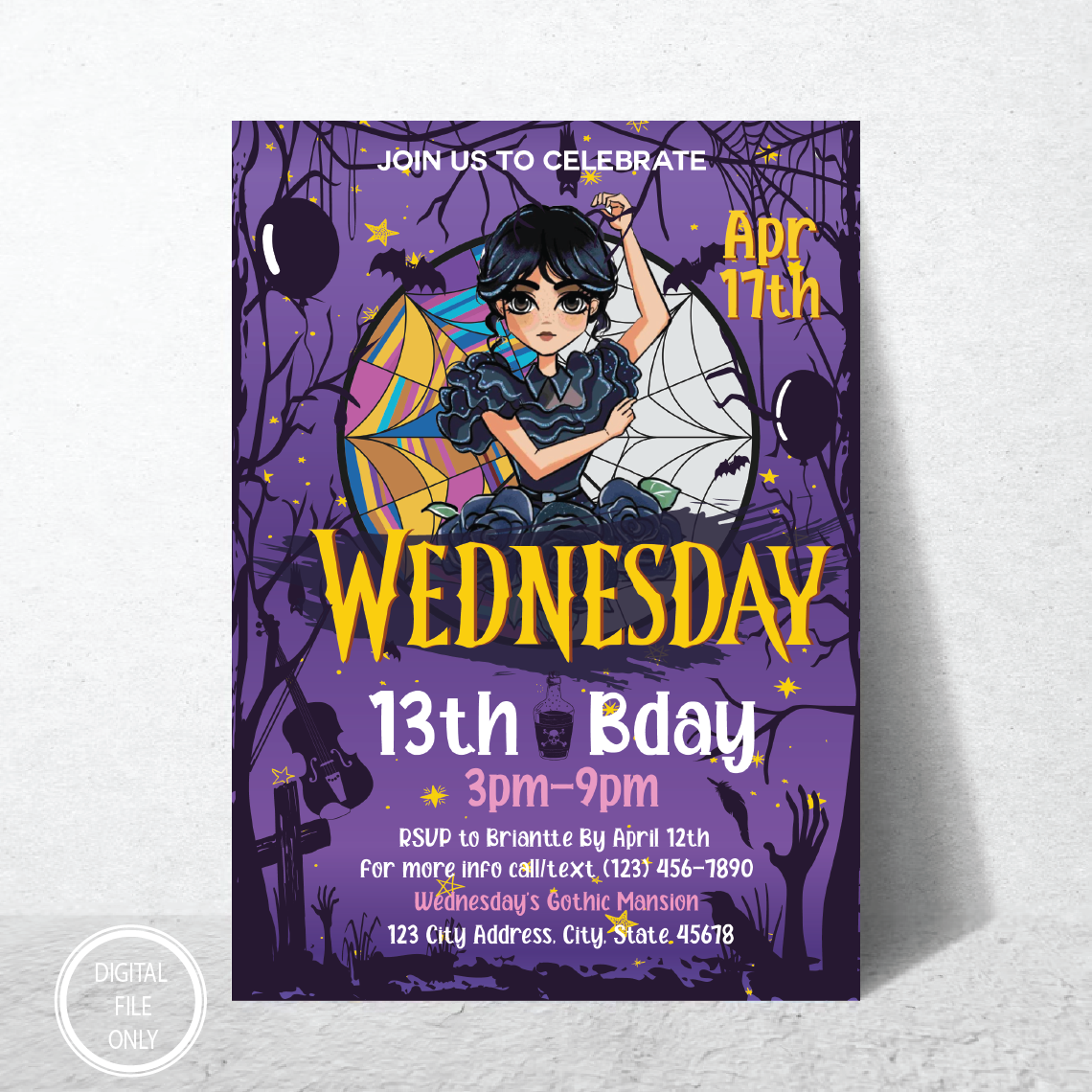 Personalized File Wednesday Birthday Invitation Party Printable Addams Family Cake Topper Card Girl Instant Download Digital PNG File Only