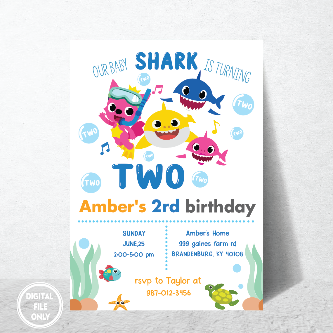 Personalized File baby shark Invitation, baby shark birthday Invitation for girl, baby shark girl party, baby shark party invitation, baby shark theme PNG File Only