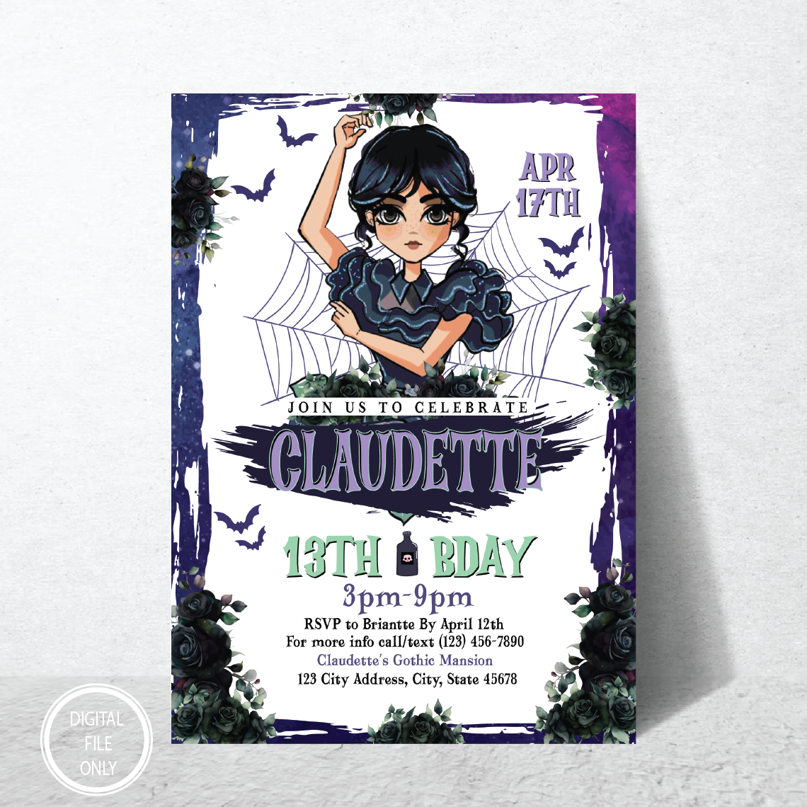 Personalized File Wednesday Invite, Wednesday Invitation Birthday, Addams Family Invite, Wednesday Party, Printable Invitation, Instant Download, 5x7 PNG File Only
