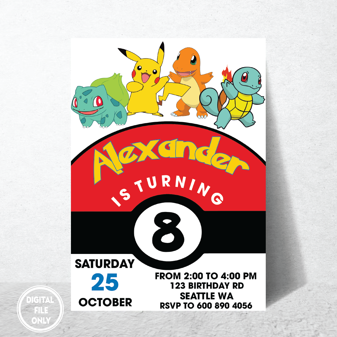 Personalized File Pokemon Birthday Invitation, Pokemon Evite, Pokemon Digital invitation, Printable Instant Download, Pikachu, PNG File Only