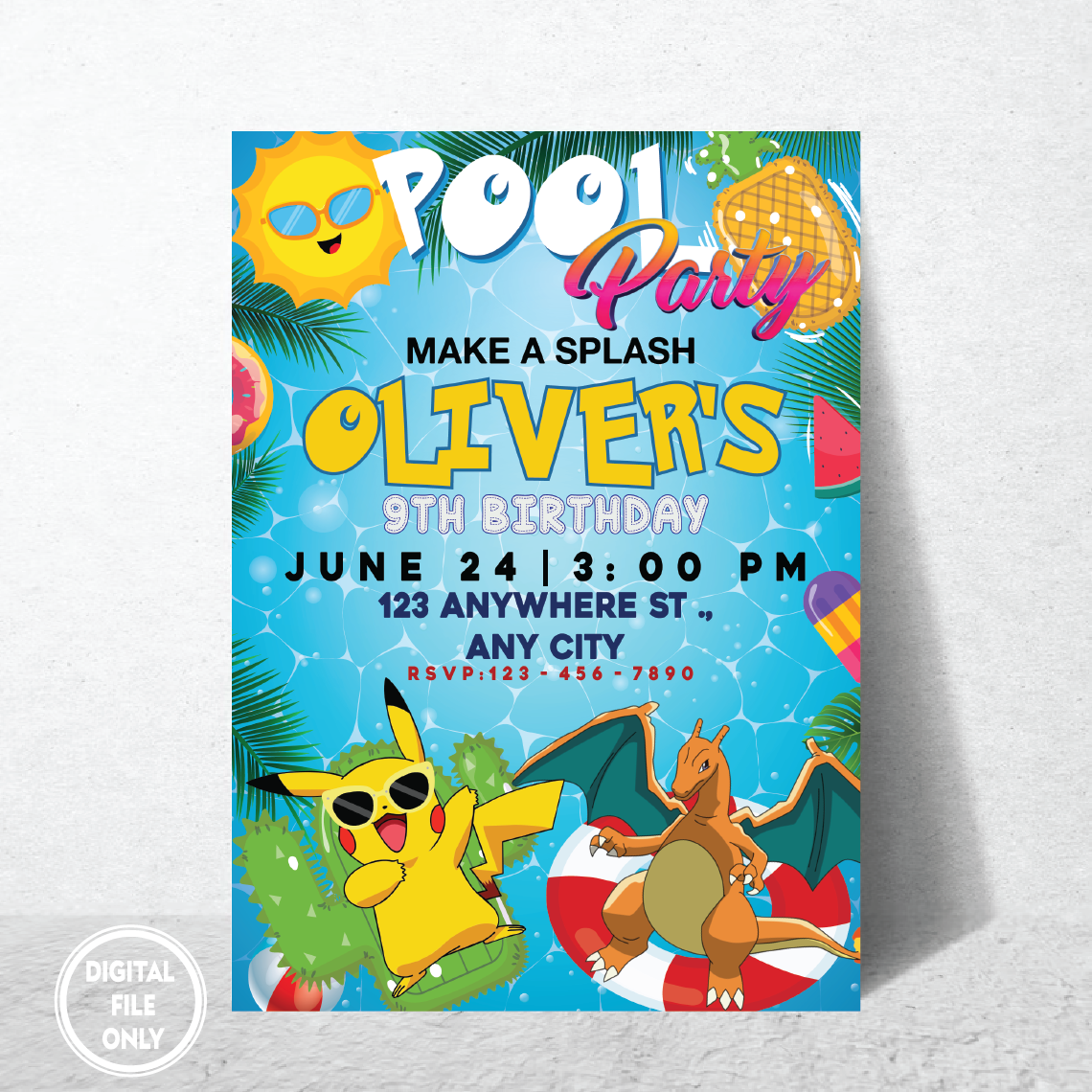 Personalized File Pokemone Birthday Invitation Digital, Pikachu Party Invite, Summer Pool Party Invitation, For Gamer Pool Birthday Boy Party PNG File Only