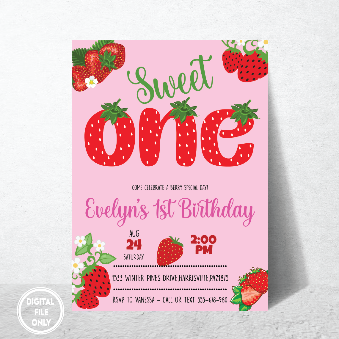 Personalized File Strawberry Sweet One 1st Birthday Invitation Png, Berry Theme Party Invite Png, Instant Download PNG File Only