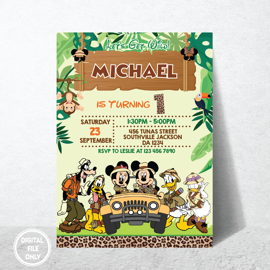 Personalized File Kids Birthday Invitation Printable, Mickey Mouse Birthday Invitation, mickey safari kids Editable invitation PNG File Only