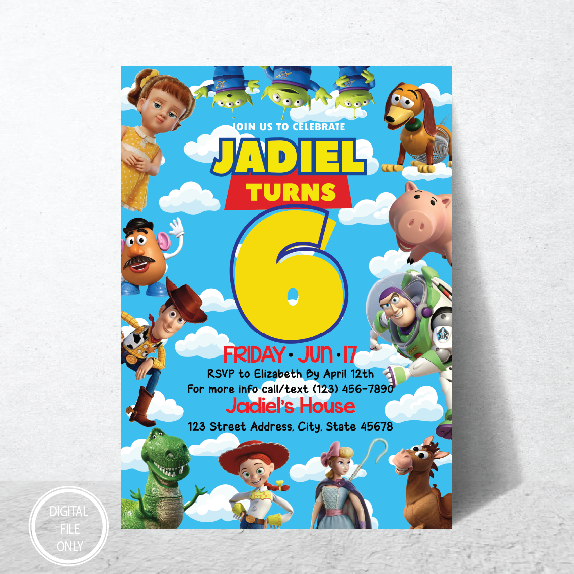 Personalized File Toy Story Invitation, Toy Story Birthday, Party Buzz Lightyear, Digital Printable 5x7, Woody Birthday Invite Card PNG File Only