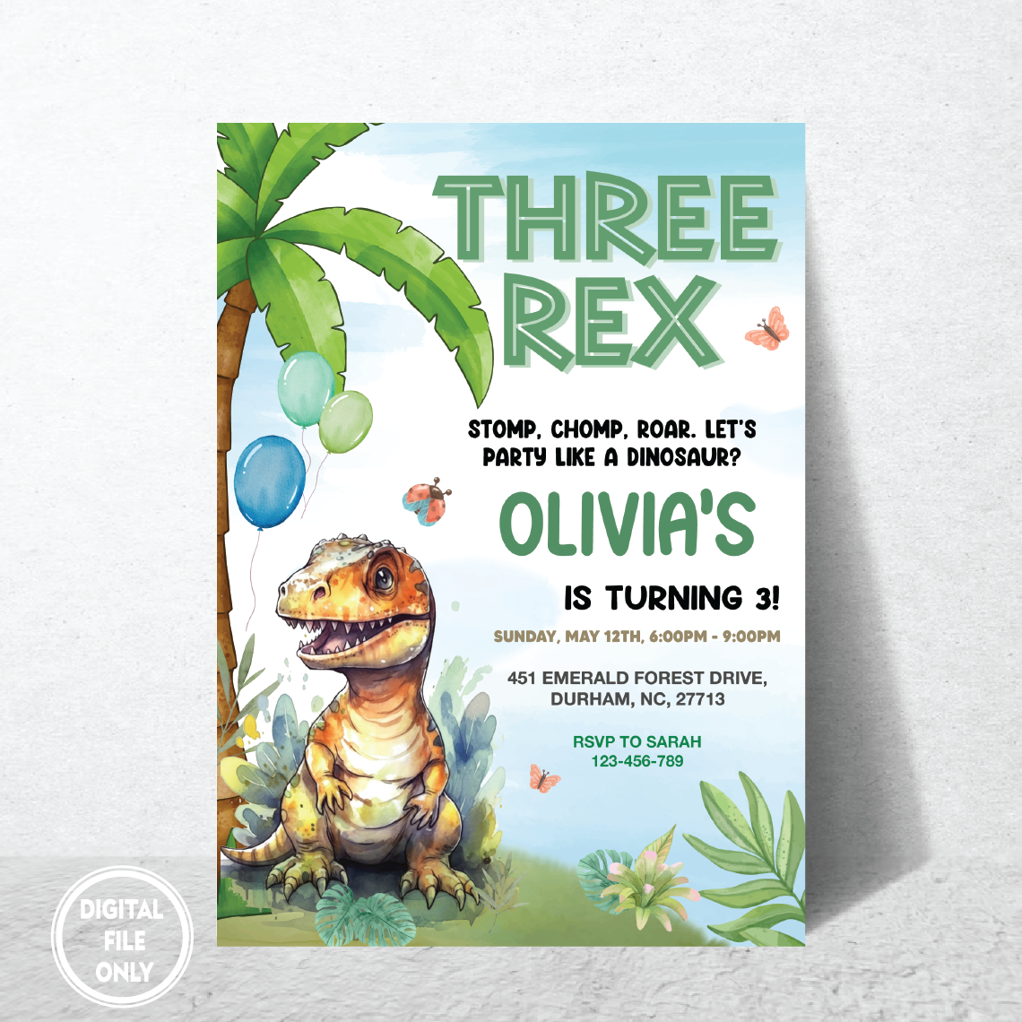 Personalized File Three Rex dinosaur electronic invitation, Instant download Birthday Party Invite Dinosaur birthday PNG File Only