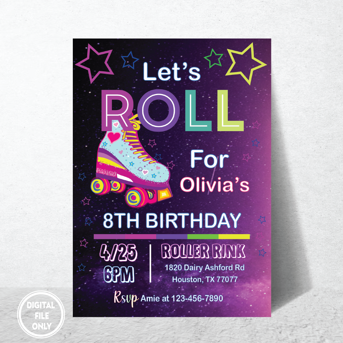Personalized File Skate Party Birthday Invitation Png, Party Invitation Girl boy Roller Skating Png, Retro Neon Lights InvitePNG File Only