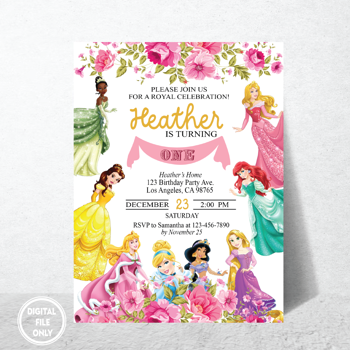 Personalized File Princess First Birthday Invitation Royal Rose Girl Celebration Invite Custom Printable Instant Download Digital or Printed PNG File Only
