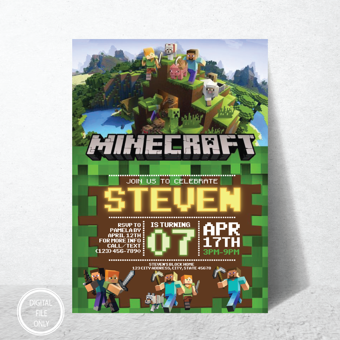 Personalized File Minecrafter Birthday Invitations Editable Minecraft Birthday Invitation Editable Template Mine Invite PNG File Only