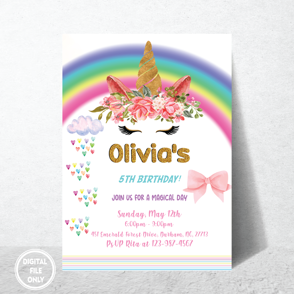 Personalized File Unicorn Rainbow Birthday Party Invitation Instant Download Digital File PNG File Only