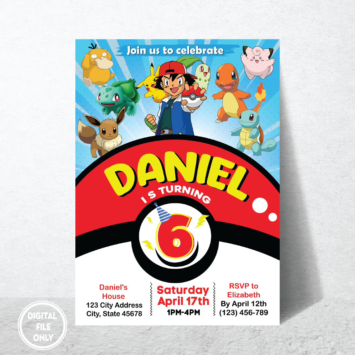Personalized File Pokemon Birthday Invitations, Pokemon Birthday Invites, Pokemone Invitation, Pikachu Invitation, Pikachu Party Invite, Instant Download. PNG File Only