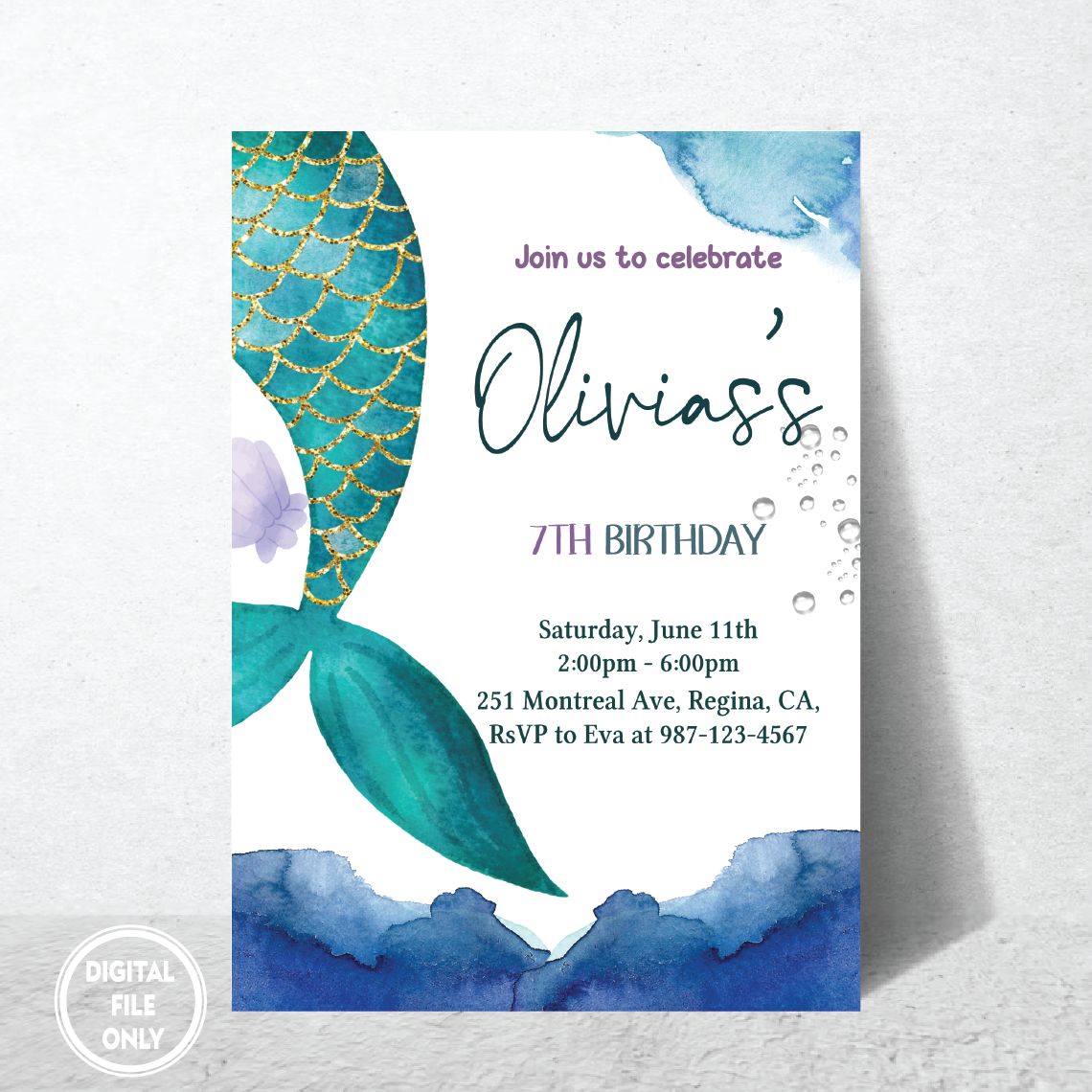 Personalized File Mermaid Birthday Invitation Under the Sea Little Teal Mermaid Birthday Invitation Download, Digital File PNG File Only