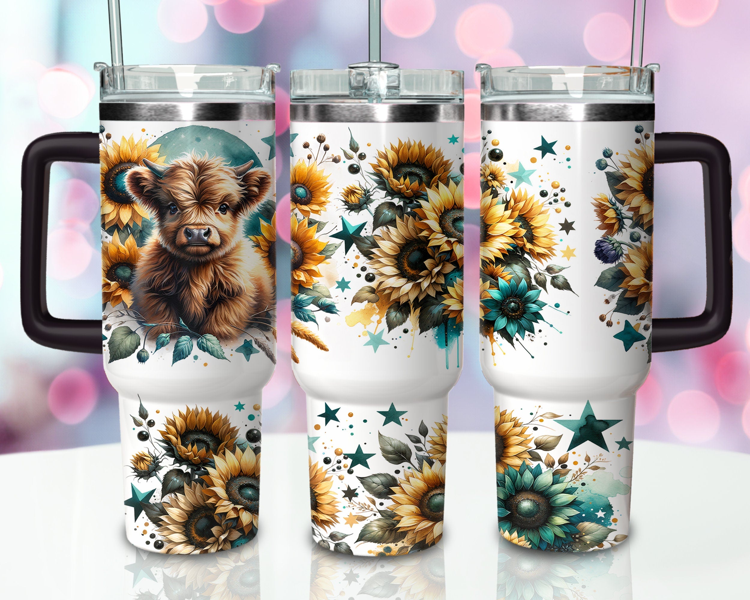 40oz Highland Cow Tumbler Wrap, 40oz Sublimation Design Download, Sunflower 40oz Tumbler Png, 40 Oz Quencher Tumbler Sublimation Design Png