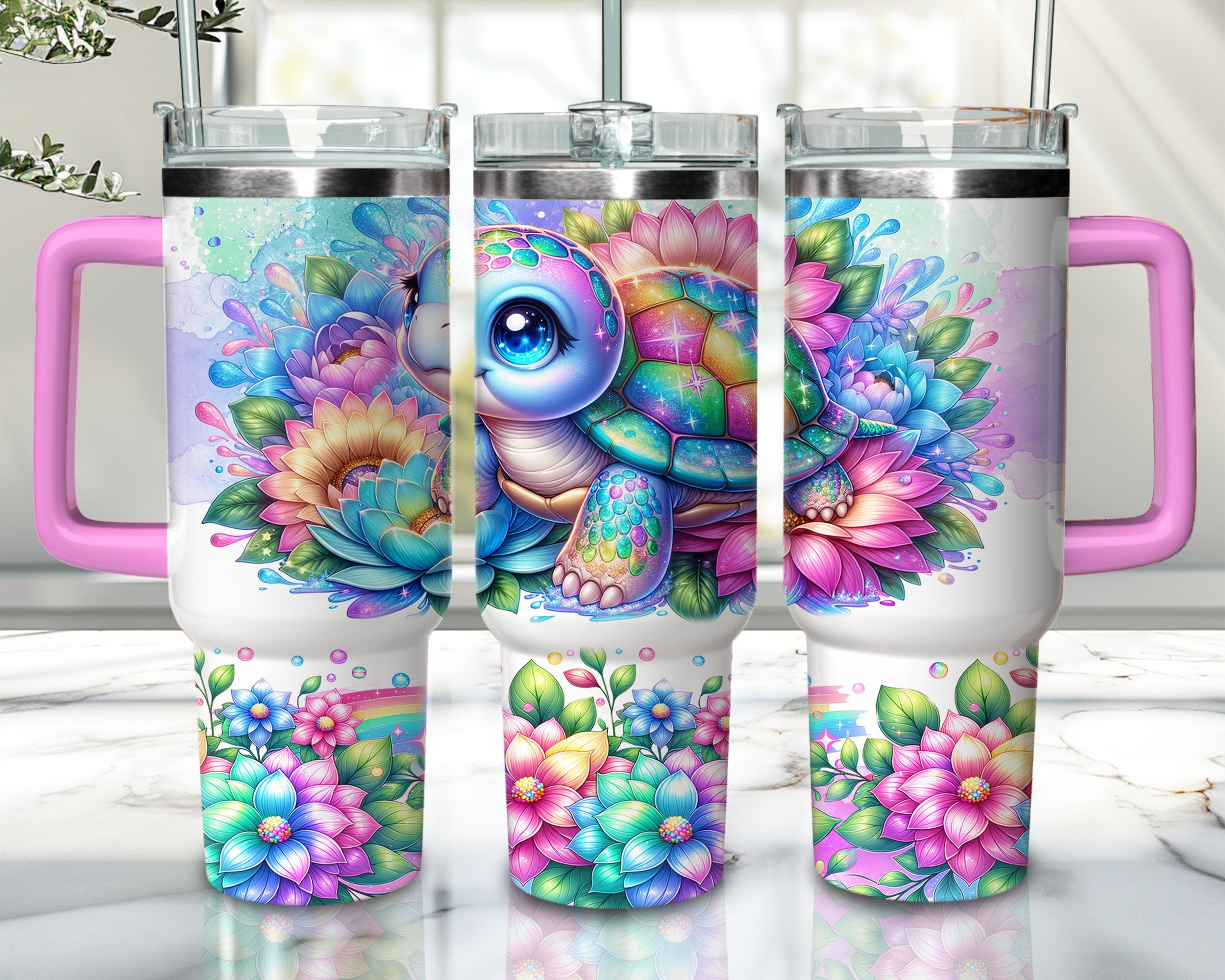 40oz Turtle Tumbler Wrap, 40oz Tumbler Sublimation Design Download, Summer 40oz Tumbler Png, 40oz Floral Tumbler Design Sublimation Png